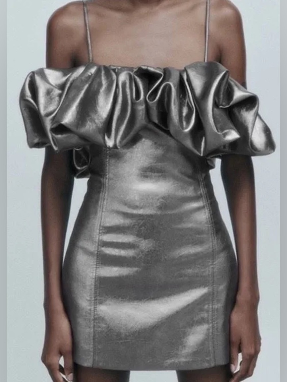 Zara Black Shiny Ruffle Off-Shoulder Mini Dress